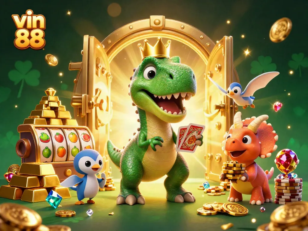 Join the fun at vin 88 with T-Rex and friends shuffling cards and stacking chips in a lively casino scene.
