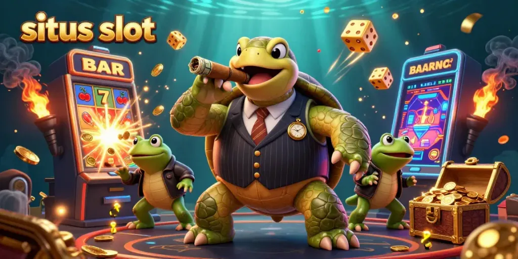 situs slot offers players a lively casino scene with slot machines, turtles in suits, and gold coins bursting