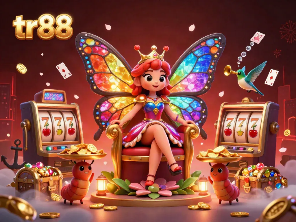 Experience the excitement of tr88 with a vibrant casino scene featuring a butterfly queen and dynamic gaming elements.