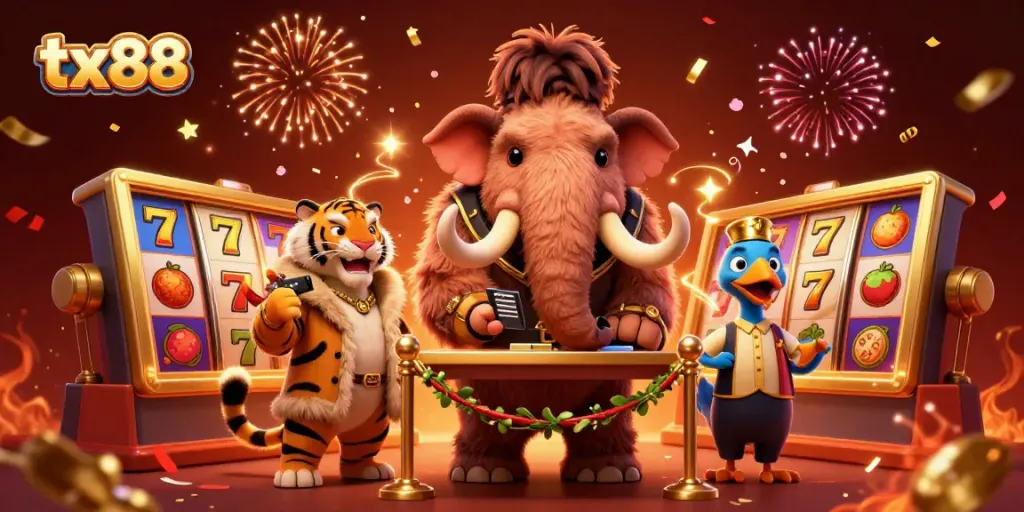 Experience thrilling casino magic at tx88 with a woolly mammoth bouncer, saber-tooth VIP, and festive elements.